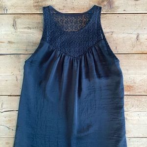 Eve Gravel sleeveless black satin dress with lace see trough yoke, size small